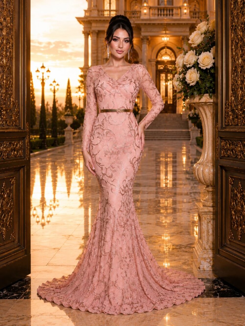 Blush Pink Mermaid Evening Dress, Luxury Lace Formal Gown, Wedding Guest Dress